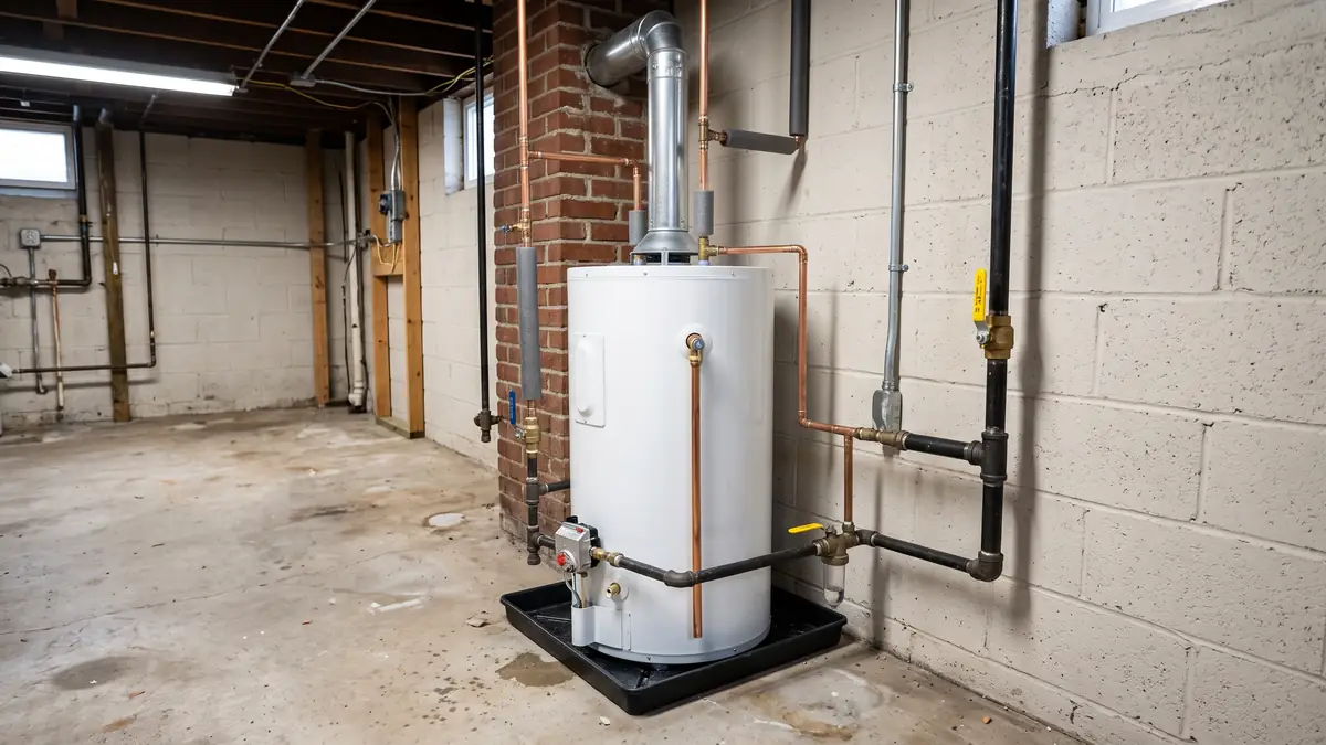 New gas tank water heater with a sediment trap, draft hood and chimney vent, typical of gas water heater installation in Acushnet, MA