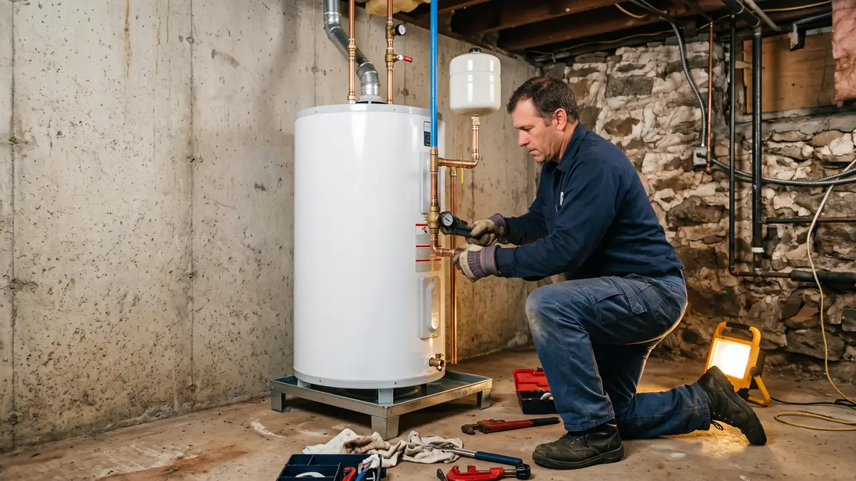 Plumber finishing a new 50-gallon tank water heater in a New England basement, typical of water heater installation in Acushnet, MA
