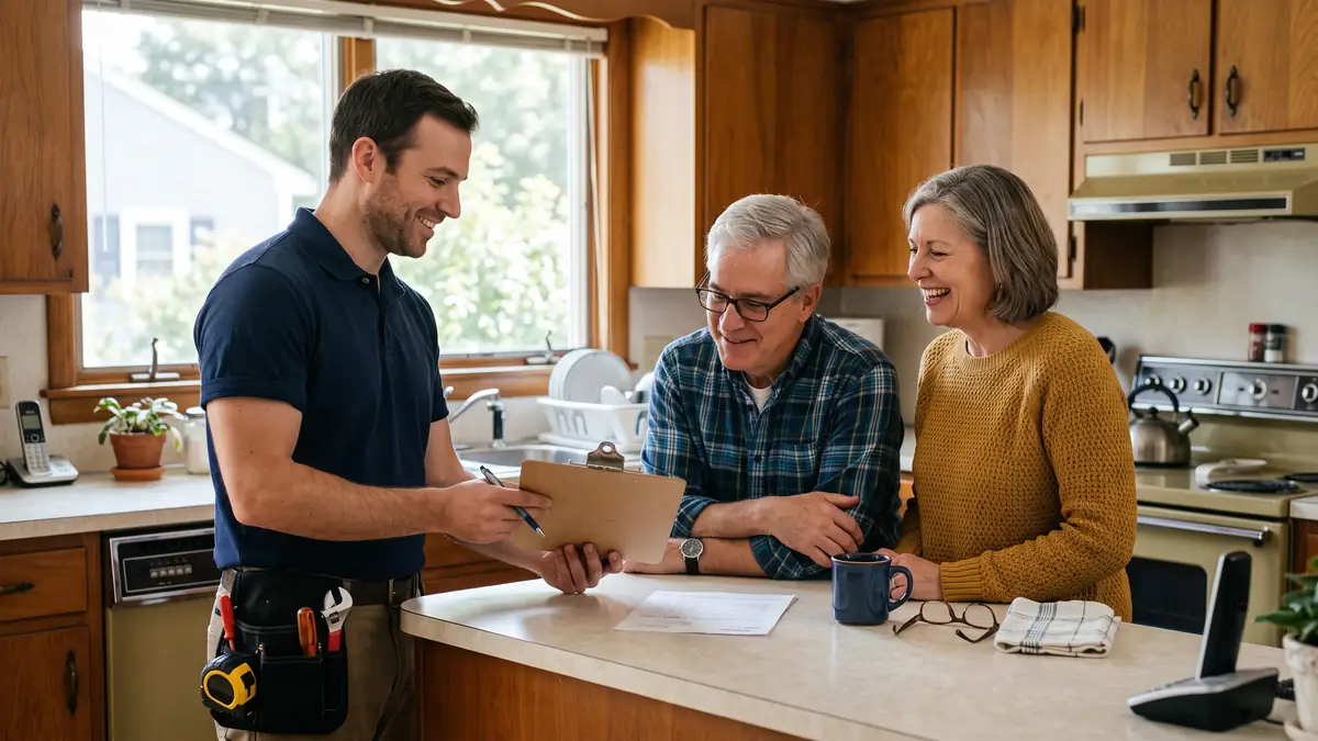 Plumber going over a written water heater installation estimate with homeowners, typical of water heater installation in Acushnet, MA